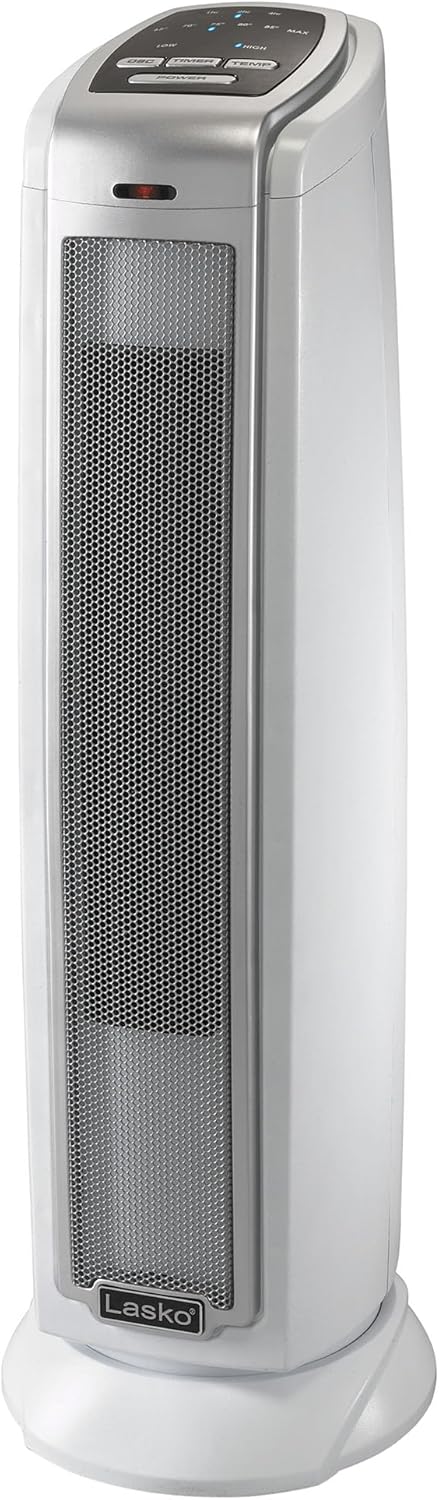 Lasko Oscillating Ceramic Tower Space Heater for Home with Overheat Protection, Timer, 22.5 Inches, Silver, 1500W, 5775 | For Home, Thermostat