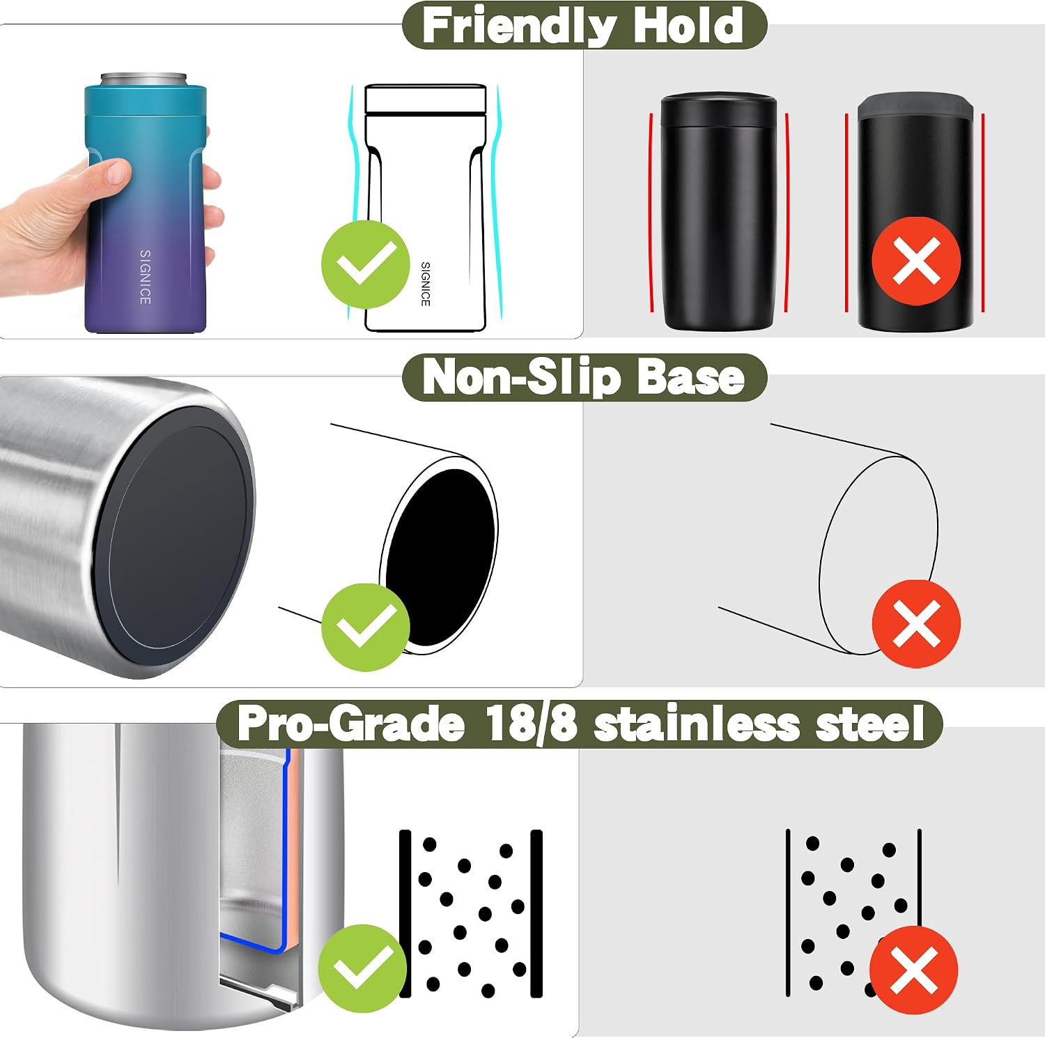 3 In 1 Insulated Universal Can Cooler - Signice Double Walled Vacuum Insulator Stainless Steel Slim Can Cooler for 12 Oz Skinny Tall Standard