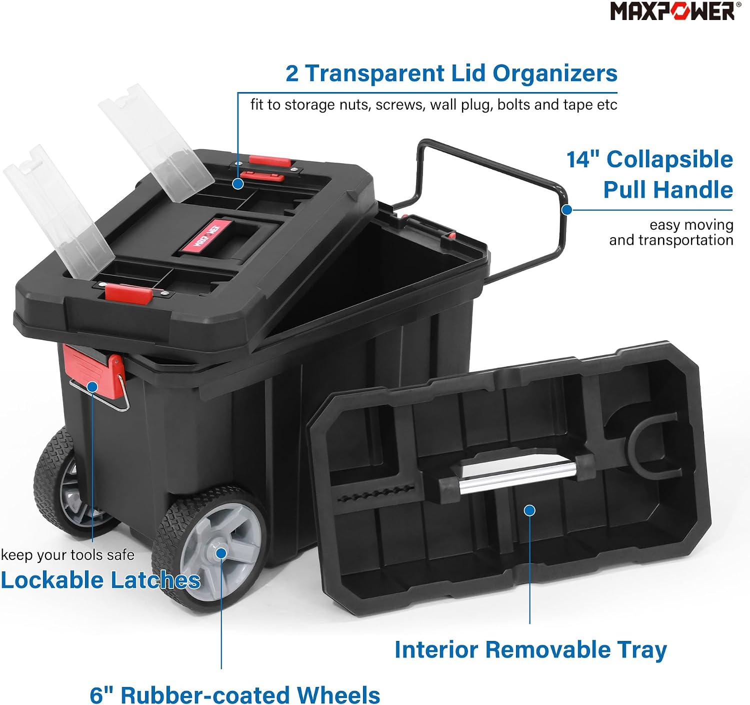 MAXPOWER Small Tool Box, 14-inch Plastic Tool Boxes with Handle | Removable Tray with Dual Lock Secured, Red Toolbox for Home