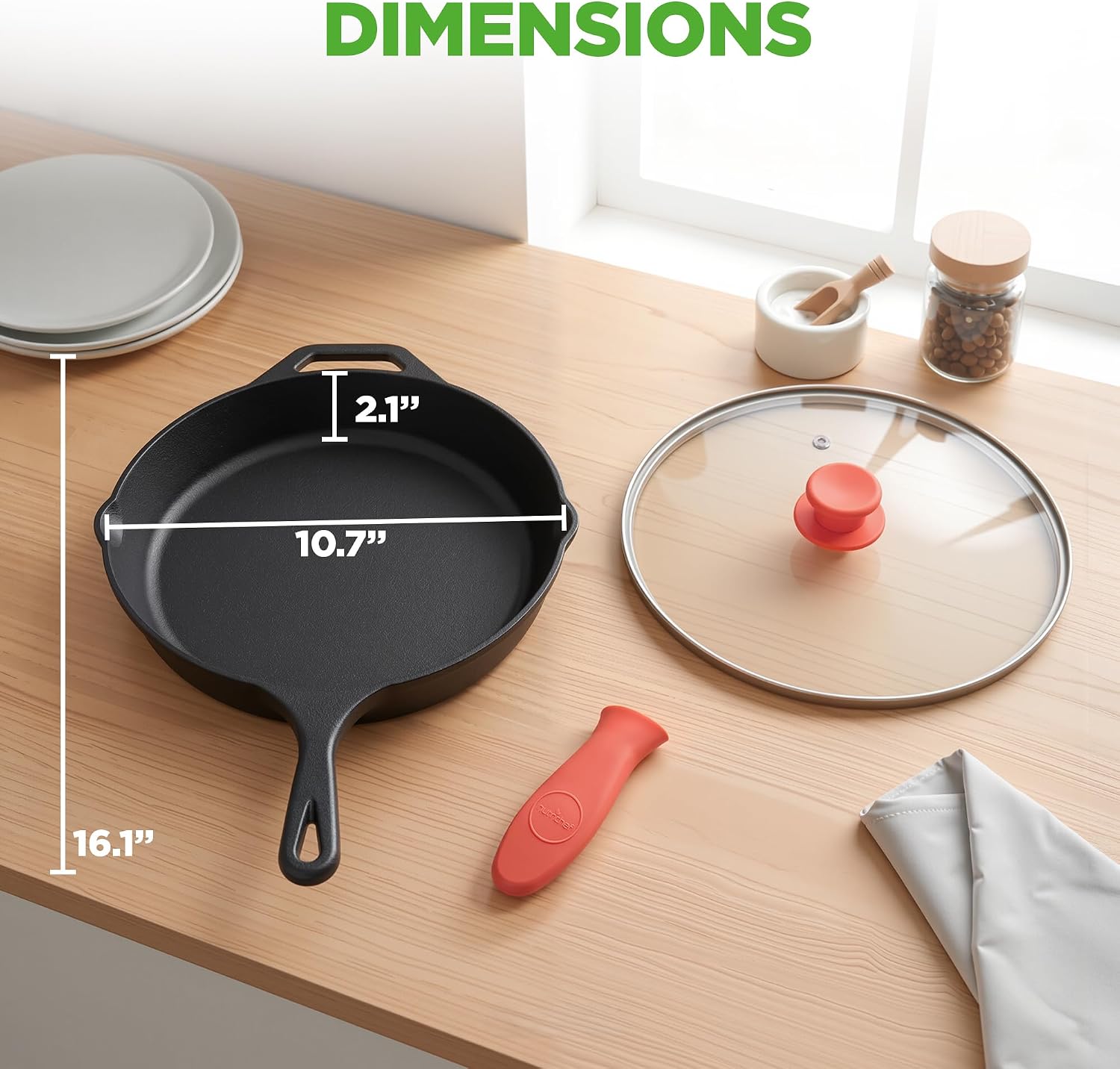 NutriChef 10 Inch Cast Iron Skillet with Lid - Pre-Seasoned Small Fry Pan with Side Drip Spout and Silicone Handle