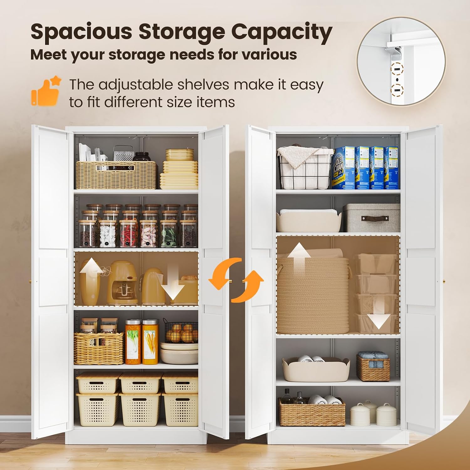 Metal Storage Cabinet with 2 Doors and 4 Adjustable Shelves - 61" White Kitchen Pantry Storage 5-Tier Tall Steel Cabinets Locker for Kitchen, Living Room, Dining Room