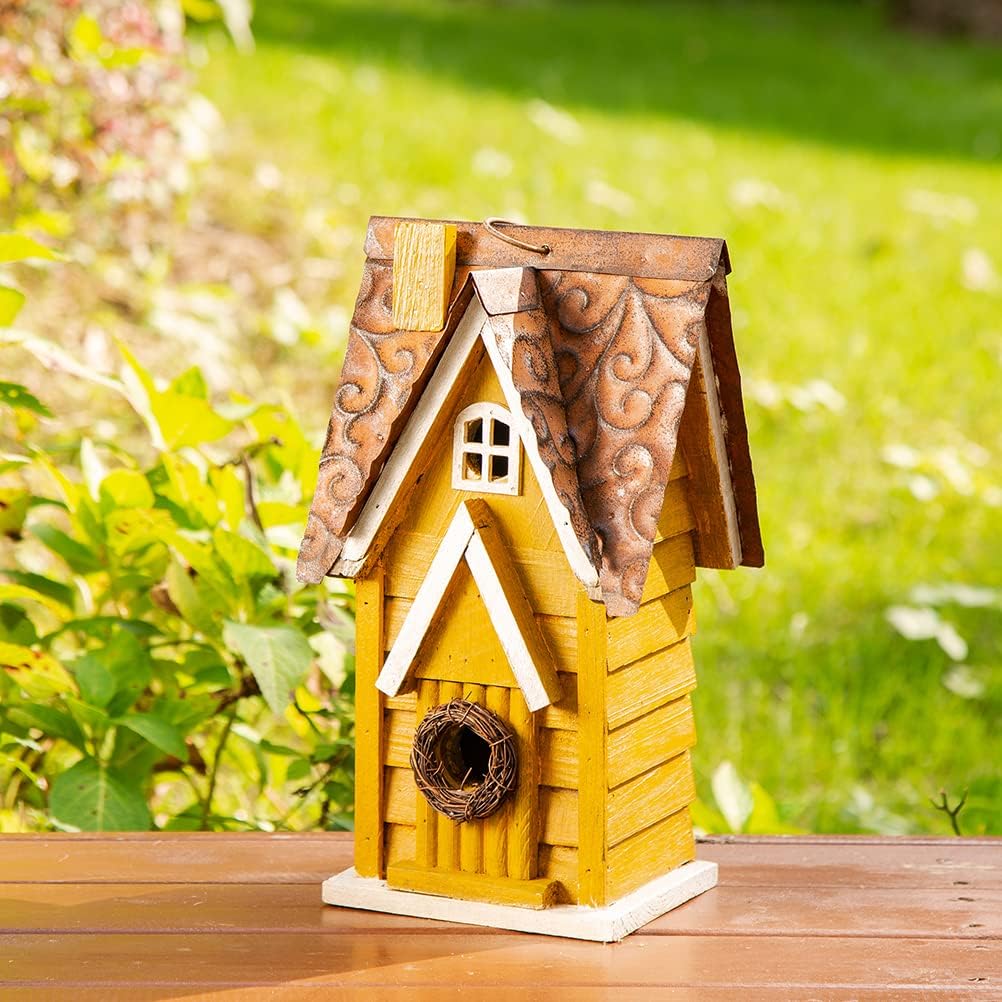 Glitzhome 12" H Green Hanging Distressed Solid Wood Garden Bird House Decorative Birdhouse
