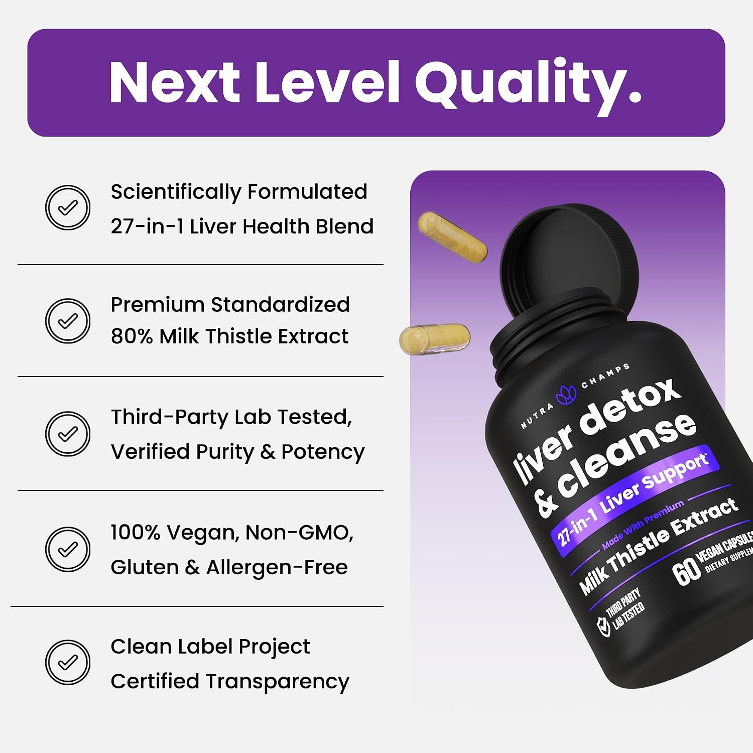 NutraChamps Liver Cleanse Detox & Repair Formula, 20+ Herbs: Milk Thistle Extract with Silymarin, Artichoke, Dandelion, Chicory Root Powder