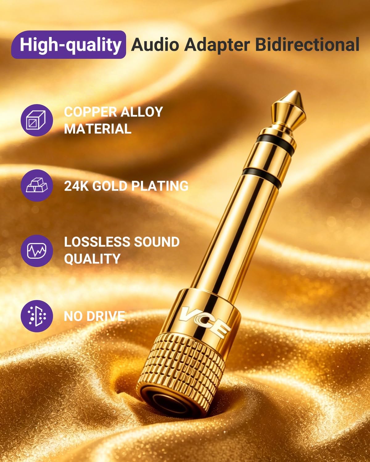 VCE 3.5mm to 1/4 Adapter Stereo Headphone Adapter, 24K Gold-Plated, 2-Pack | Seamless Audio Connection, Premium Sound Fidelity, Secure TRS Connection for Aux Cable, Guitar Amplifier, Headphone