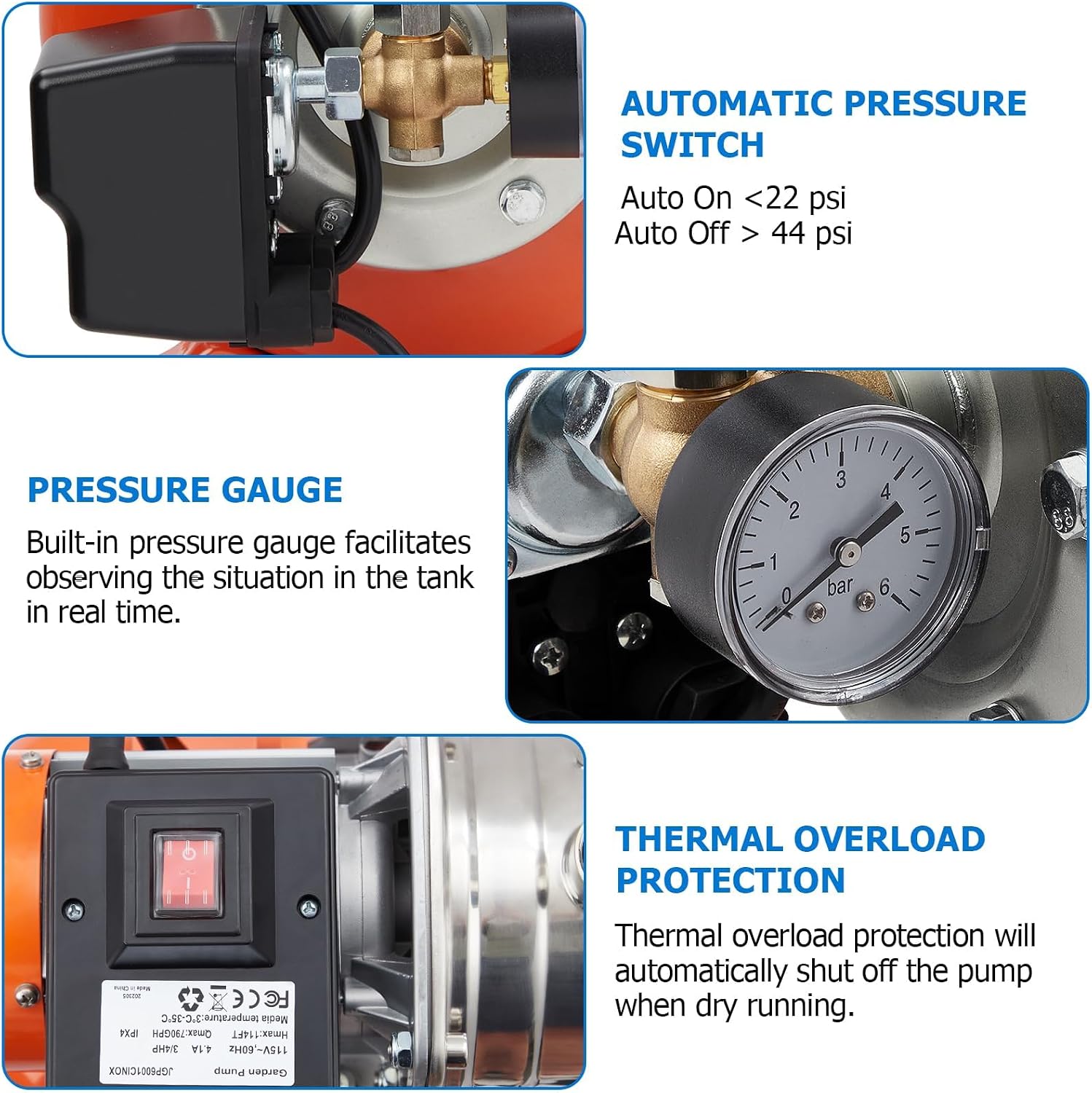 1HP Stainless Steel Water Transfer Pump with Well Pressure Tank – Shallow Well Pump & Irrigation Pump Combo, 130ft Max Lift, 20ft Suction Lift, Automatic Pressure Switch for Farm Use
