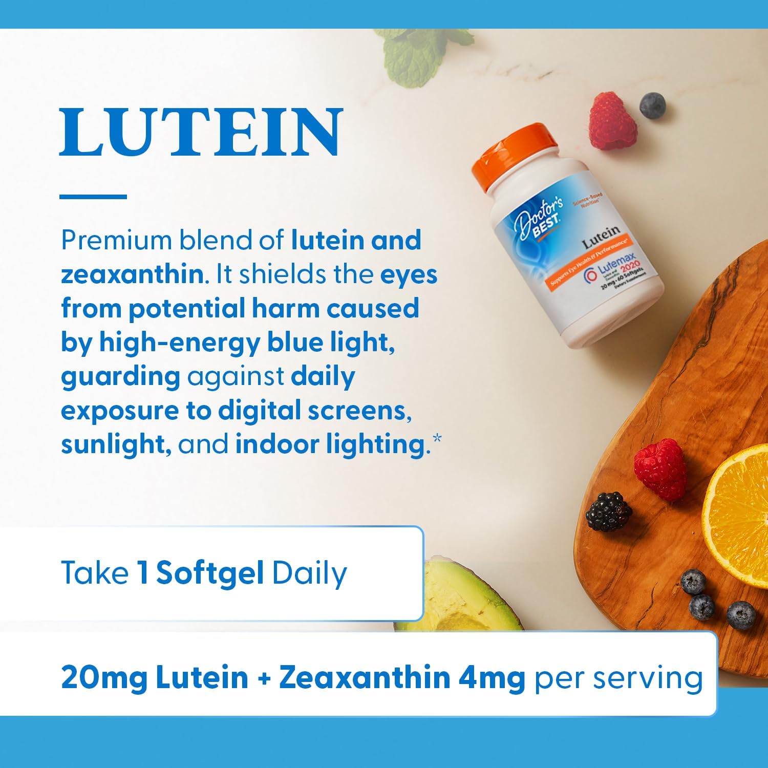 Doctor's Best Lutein Supplement 20mg with Zeaxanthin - Lutein for Eyes, Eye Health Vitamins for Men & Women, Vision and Macular Health Support, Lutemax 2020 Marigold Flower Extract - 180 Softgels