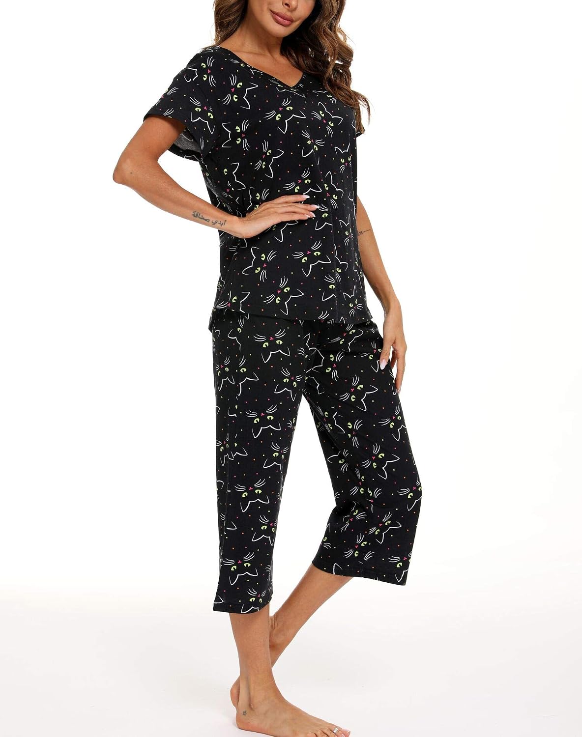 ENJOYNIGHT Womens Pajama Set Cotton Summer Pj Top with Capri Pant Sleepwear