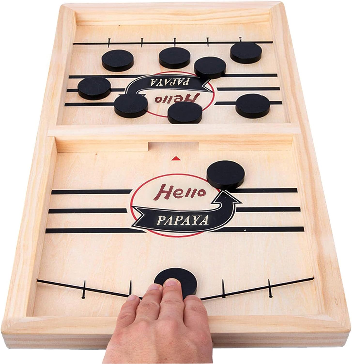 HELLO PAPAYA Fast Sling Puck Game - Test Your Speed and Accuracy with This Fast-Paced Wooden Air Hockey Desktop Battle Board Game - Guaranteed Fun