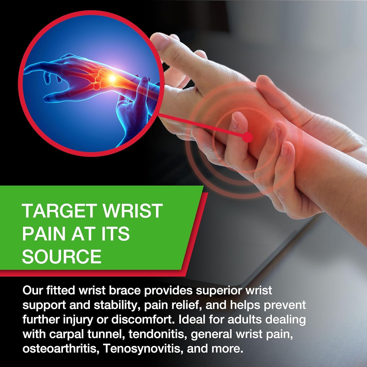 MUELLER Sports Medicine Green Fitted Wrist Brace for Men and Women, Wrist Pain Relief Support, Ideal for Carpal Tunnel, Tendonitis, Arthritis, Right Hand, Black, Small/Medium