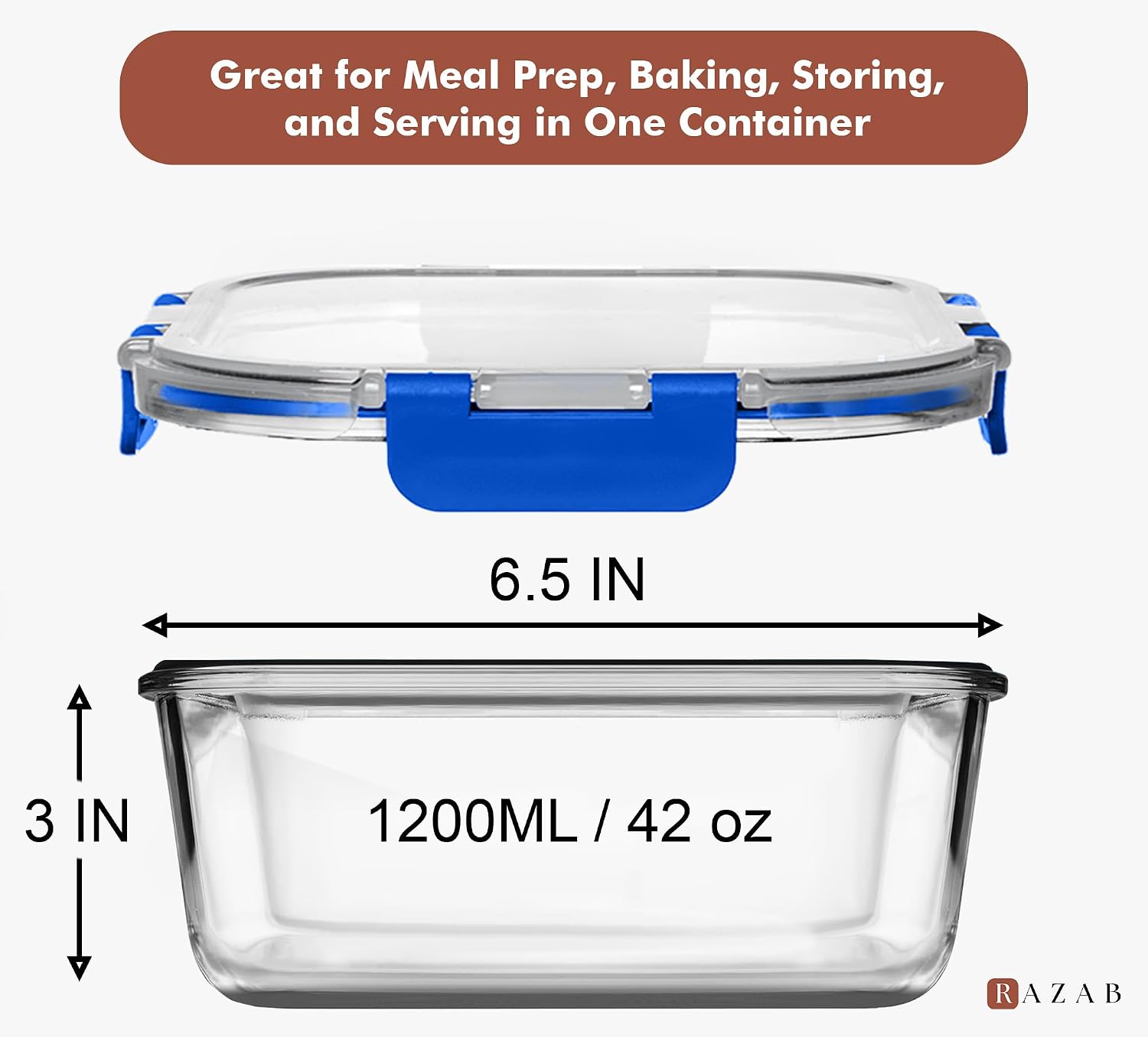 Razab 2 PC 1200ML / 41 Oz Glass Food Storage Containers with Lids - Airtight & Leakproof - Microwave/Oven/Freezer Safe - BPA Free - Ideal for Meal
