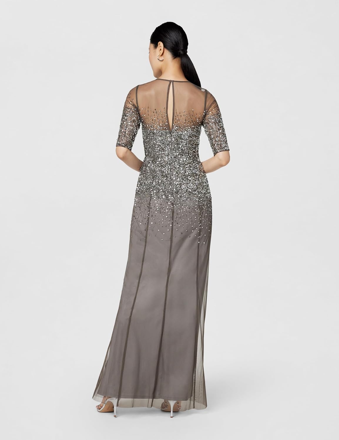 Adrianna Papell Women's Beaded Illusion Dress | Long Sequin Evening Dress with Fitted Bodice & Tulle Skirt Overlay