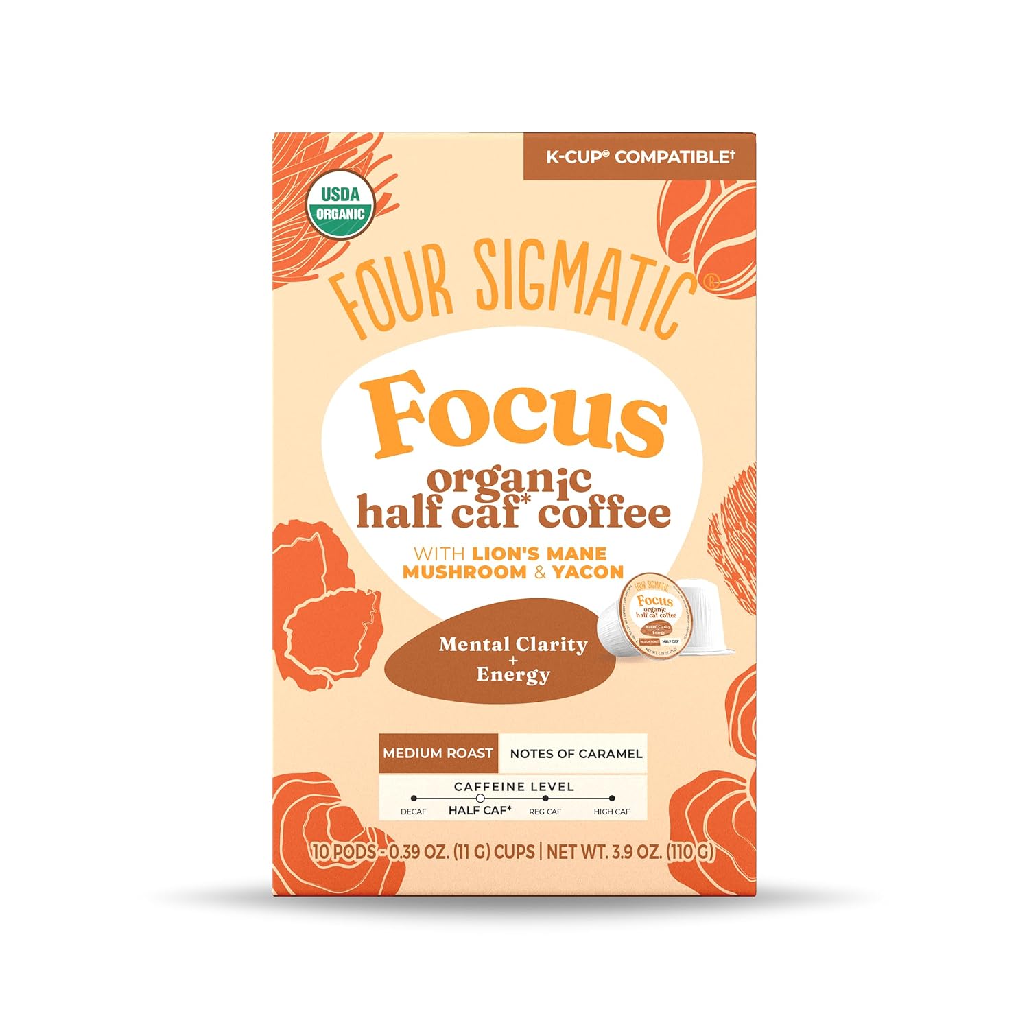 Four Sigmatic Mushroom Coffee K-Cups | Organic Dark Roast Coffee with Lion’s Mane Mushroom Powder & Yacon | Focus & Immune Support | Vegan & Keto
