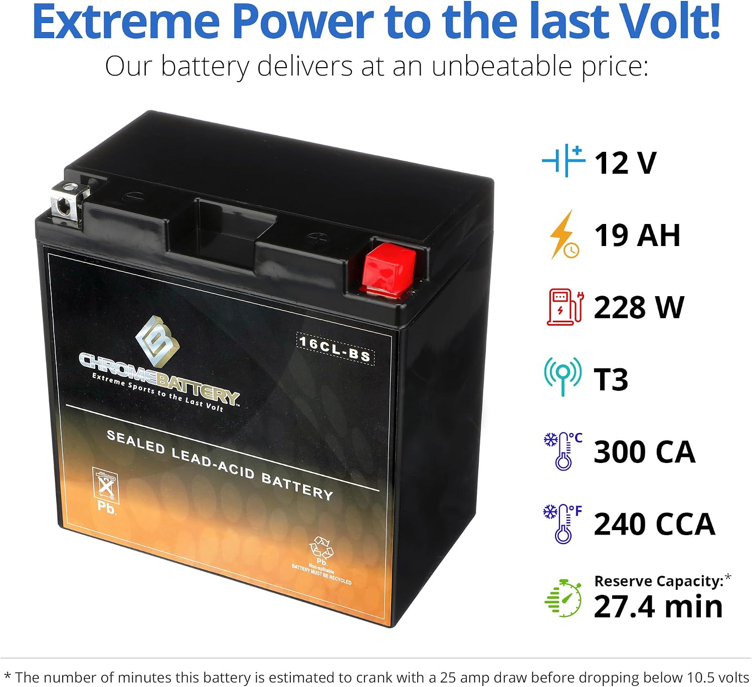 CB CHROMEBATTERY YTX30L-BS 12V 385 CCA AGM – Maintenance-Free 30Ah Battery for Harley, ATV, UTV, Snowmobile, Jet Ski – T3 Nut & Bolt Terminal – Fits Harley Touring, Polaris Sportsman 850