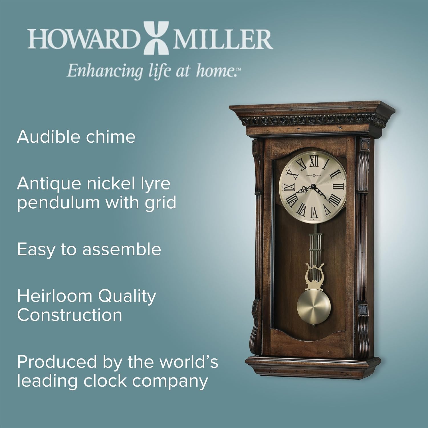 Howard Miller Agatha Wall Clock – Wooden Pendulum Clock with Triple-Chime Quartz Movement, Battery Operated, Acanthus Molding Detail