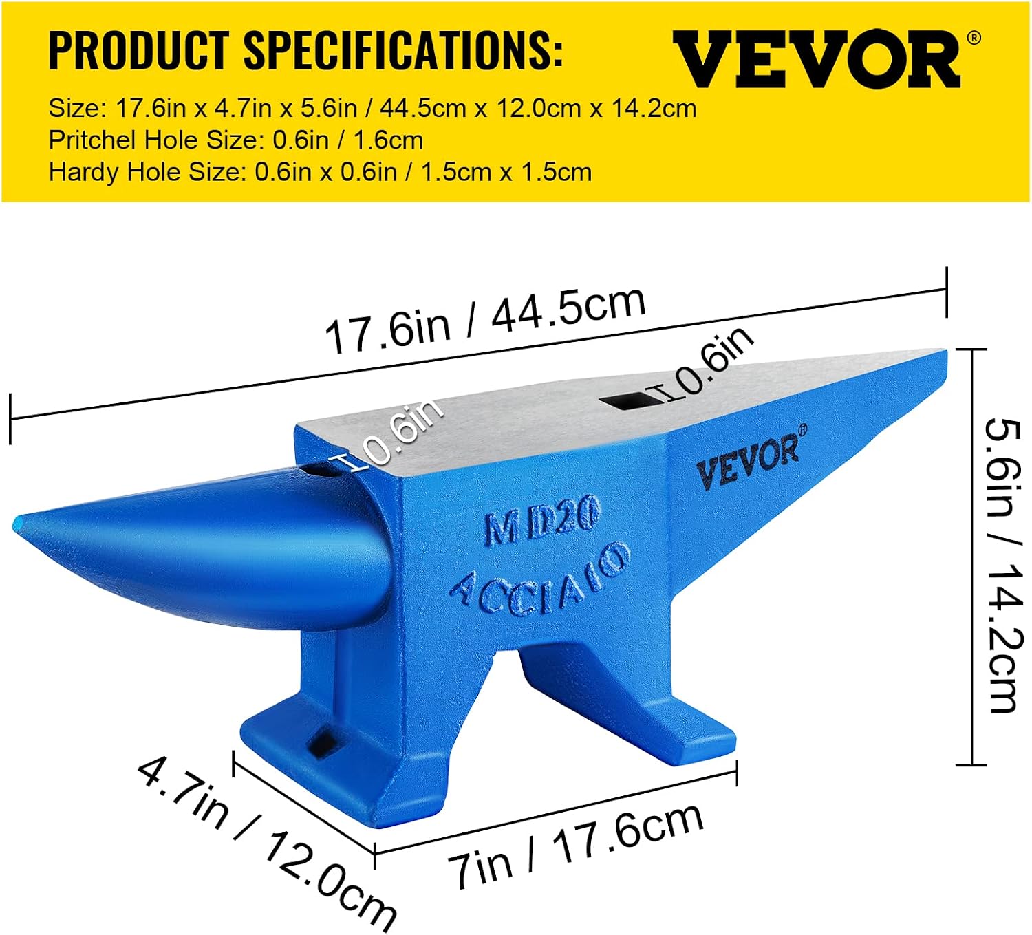 VEVOR Blacksmith Anvil 55 lbs (25 kg) Single Piece of Iron with Square Holes Ideal for Metalurgical and Blacksmiths in Metal Workshop and for