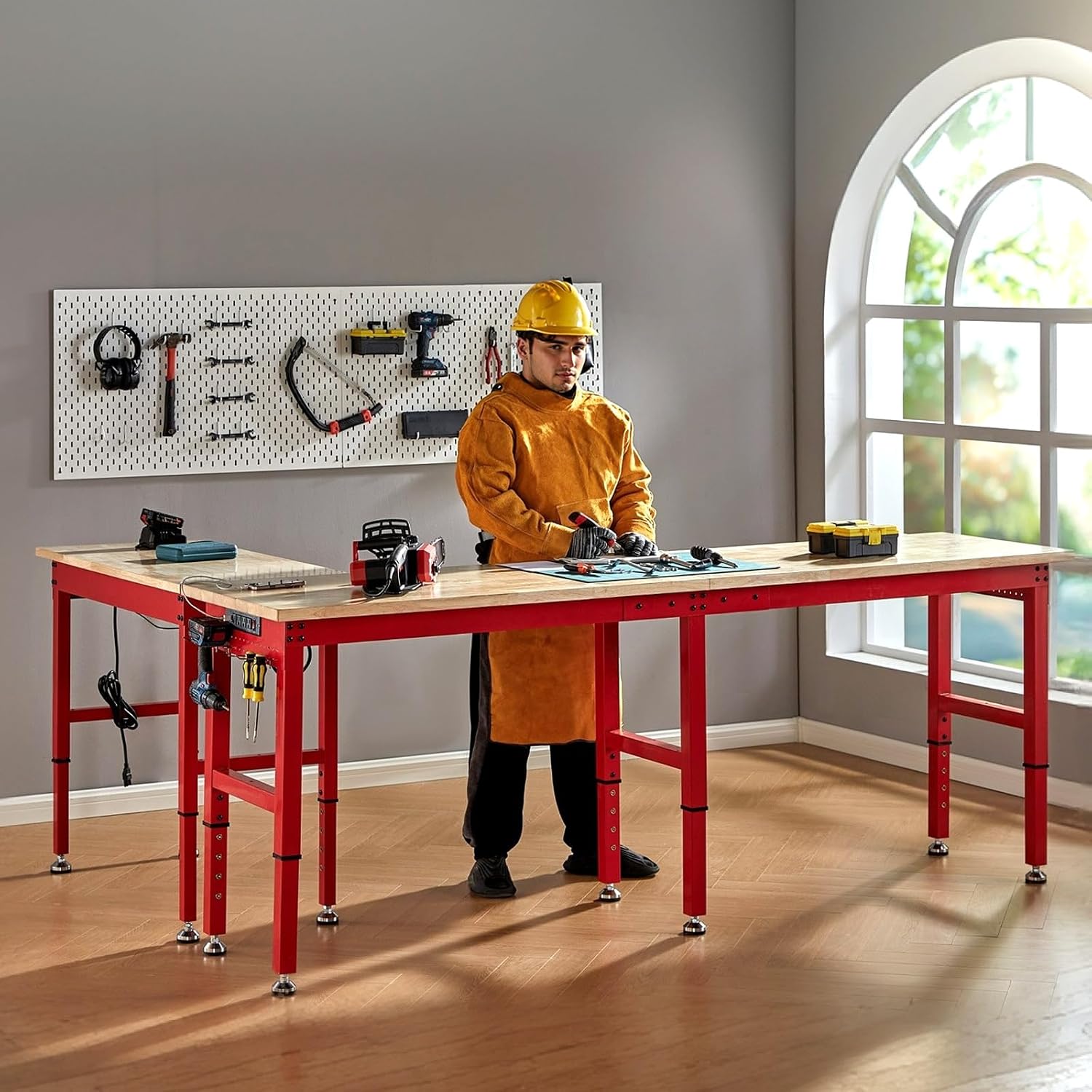 Albott 44 x 20-Inch Adjustable Workbench | 2000 Lbs Capacity, Solid Rubber Wood Top, Power Outlets and Hooks, for Garage, Workshop and Home Office, Black