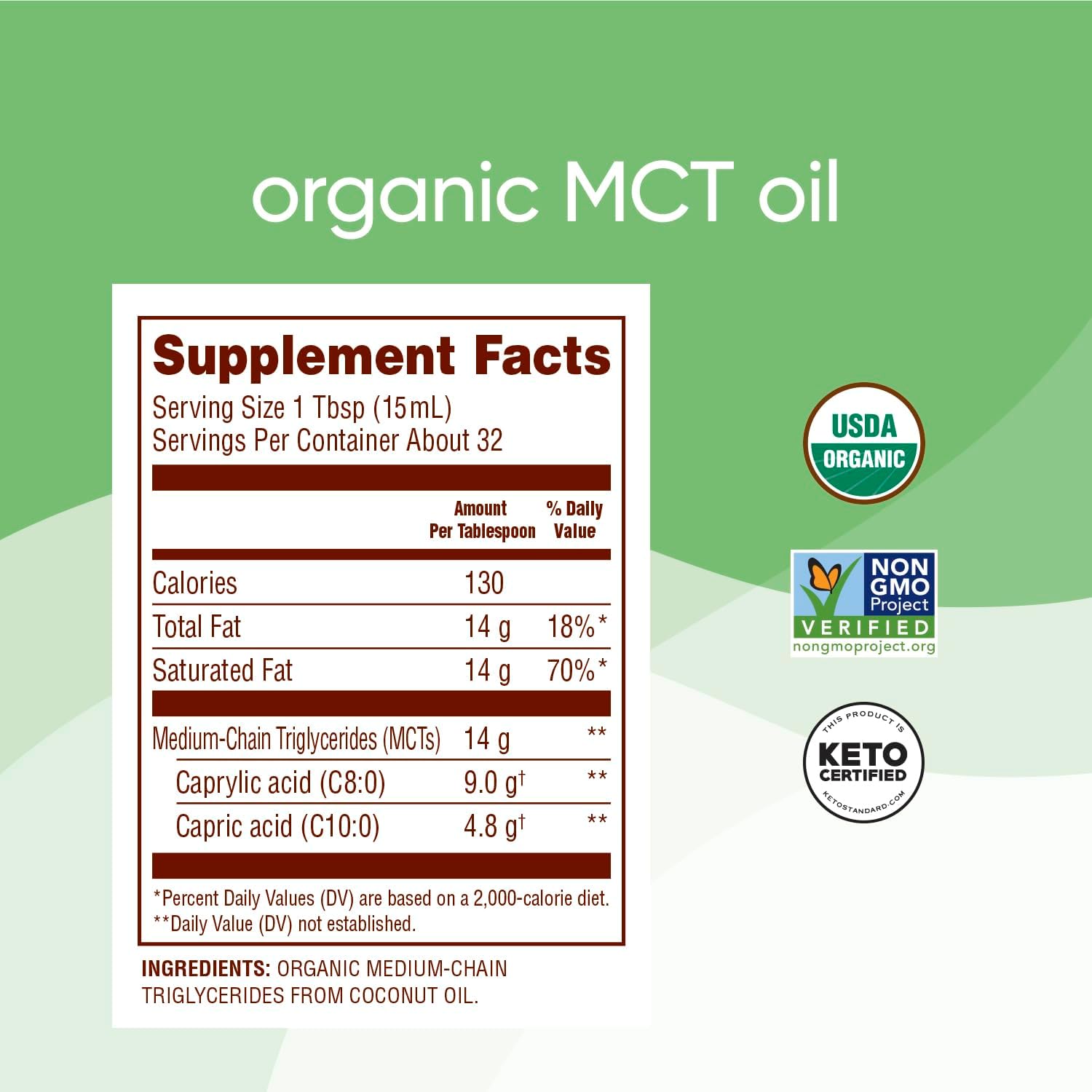 Nutiva Organic MCT Oil, Unflavored, 32 Oz, USDA Organic, Non-GMO, Non-BPA, Whole 30 Approved, Vegan, Gluten-Free & Keto, 14g MCT per Serving & Neutral Flavor for Energy Boost to Coffee, Shakes and Salads