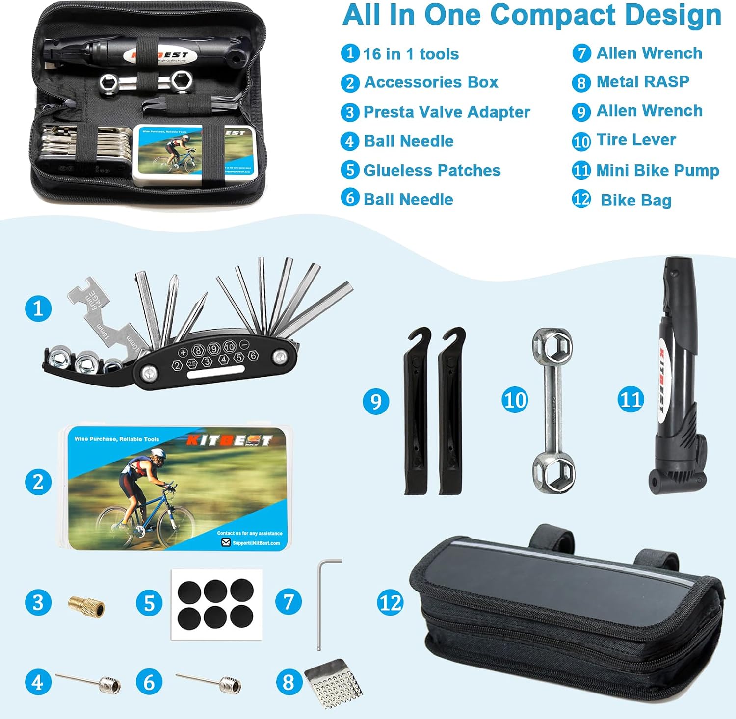 Bike Repair Bag with Tire Pump and Portable Bicycle Kit for Camping Travel | All in One Tool kit, 16 in 1 Bike Multitool, Bike Glueless Patches, Bicycle Tire Repair Kit, Fits Mountain & Road Bike