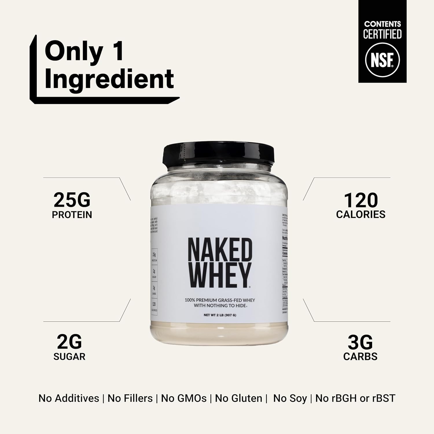 NAKED Whey 5LB 100% Grass Fed Unflavored Whey Protein Powder - Only 1 Ingredient, NSF Certified, Undenatured, Gluten Free, Soy Free, Promote Muscle Growth and Recovery - 76 Servings