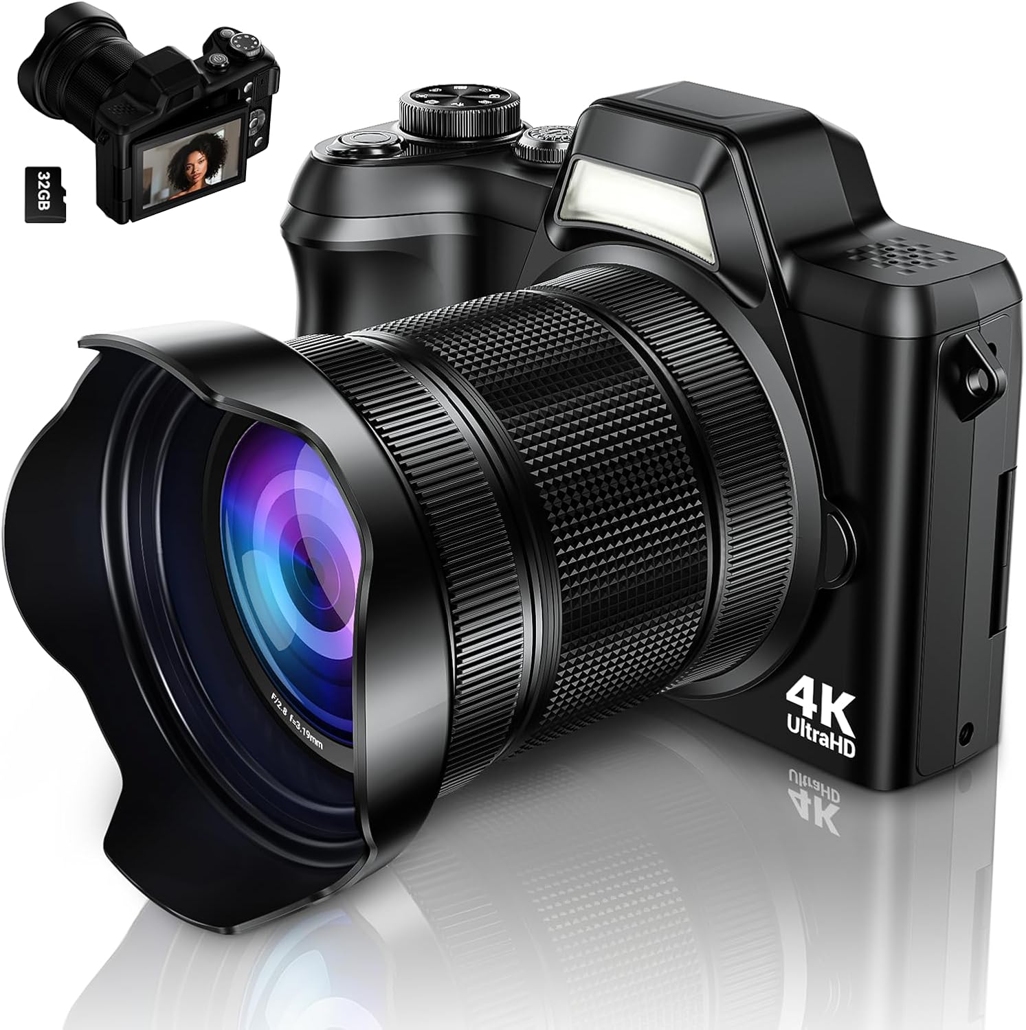 4K Digital Camera for Photography, 56MP Autofocus Vlogging Camera for YouTube Travel, 3" 180°Flip Screen & Lens Hood 16X Zoom