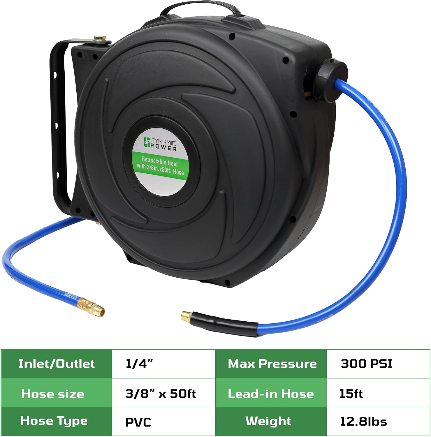 DYNAMIC POWER Elite Retractable Air Hose Reel with 3/8-Inch by 50-Feet PU Air Hose exceptional resistance to abrasion, oil, and weather - DP-HR5-315