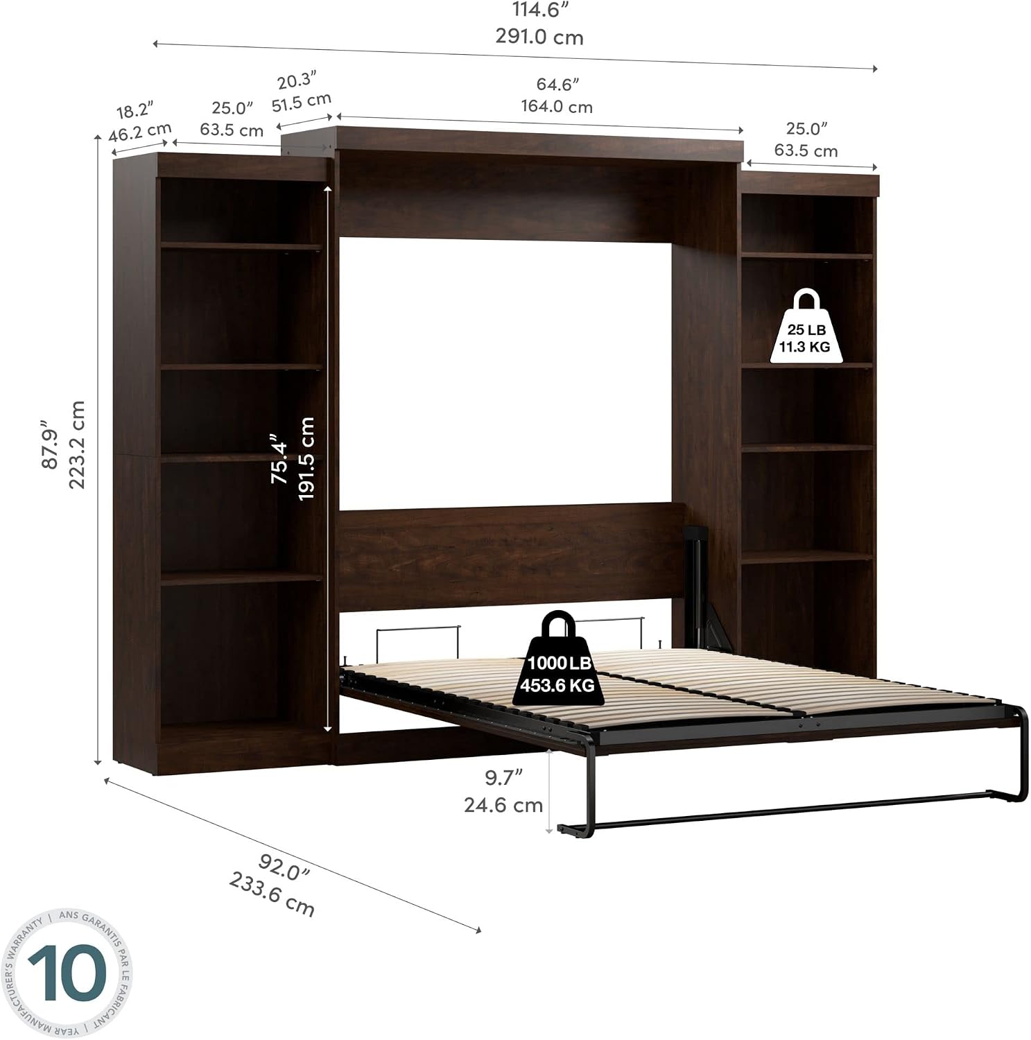 Bestar Pur Full Murphy Bed and 2 Shelving Units with Drawers, 109-inch Space-Saving Sleeping Arrangement in White | 2 Shelving Units with Drawers; supports up to 1000 lb; min. ceiling height 86.4 in.; dual piston mechanism; 10-year warranty