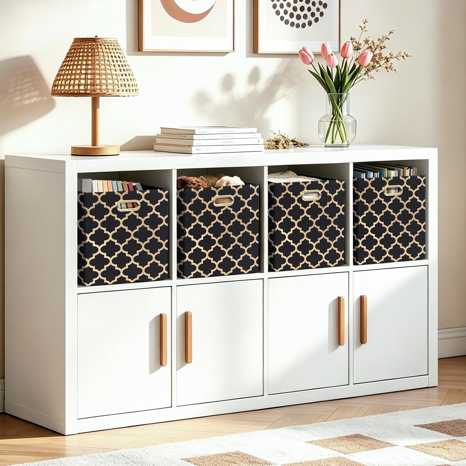 Posprica Storage Bins, Storage Cubes,13×13 Fabric Drawers Organizer Basket Boxes Containers (13×13×13/4pcs, Cream/gold geometry Pattern)