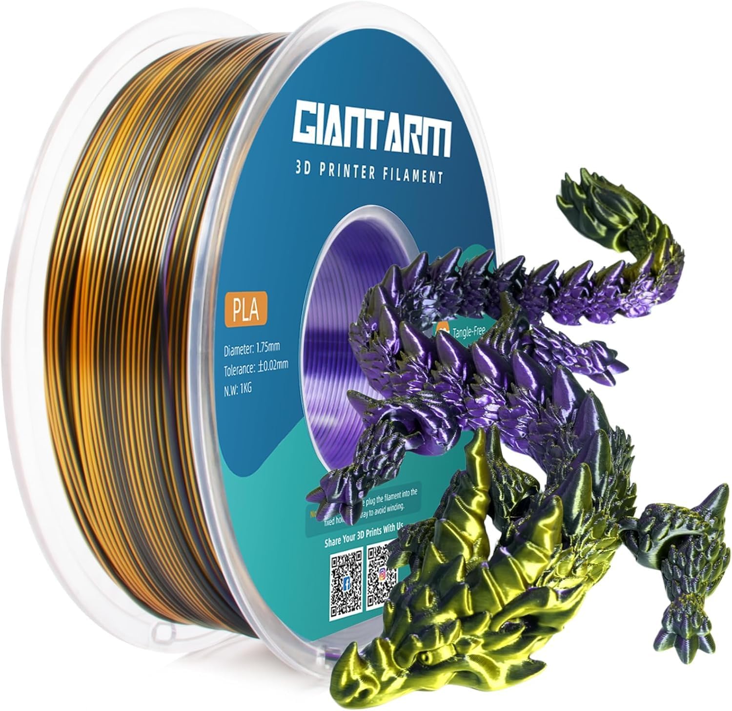 GIANTARM 3D Printer Filament, Silk Gold Pla Filament, 1Kg(2.2lbs) Spool, 1.75mm Dimension Accuracy +/- 0.03mm, 3D Printing Filament
