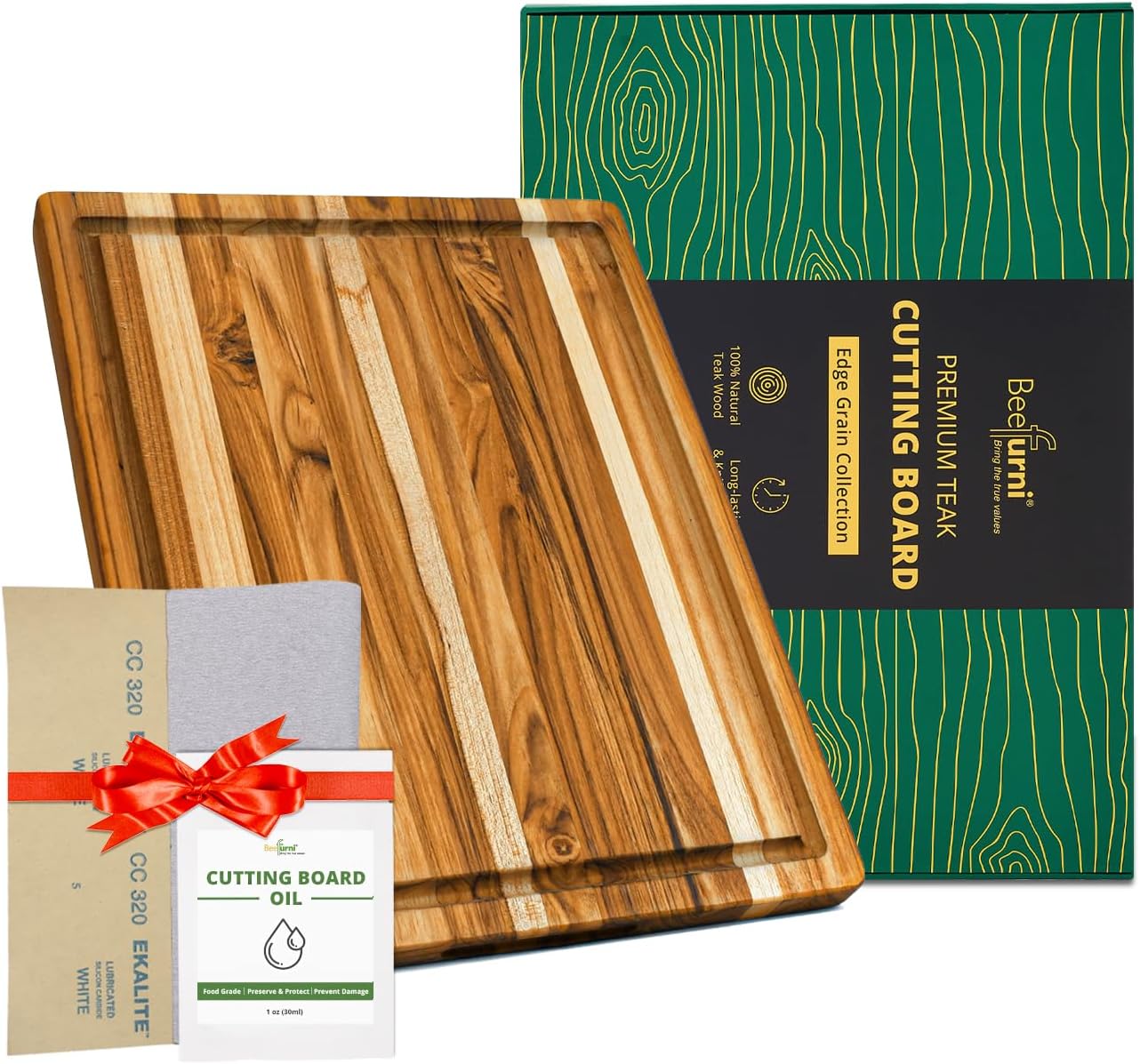 BEEFURNI Teak Wood Cutting Board with Hand Grip (20x15x1.25", M)