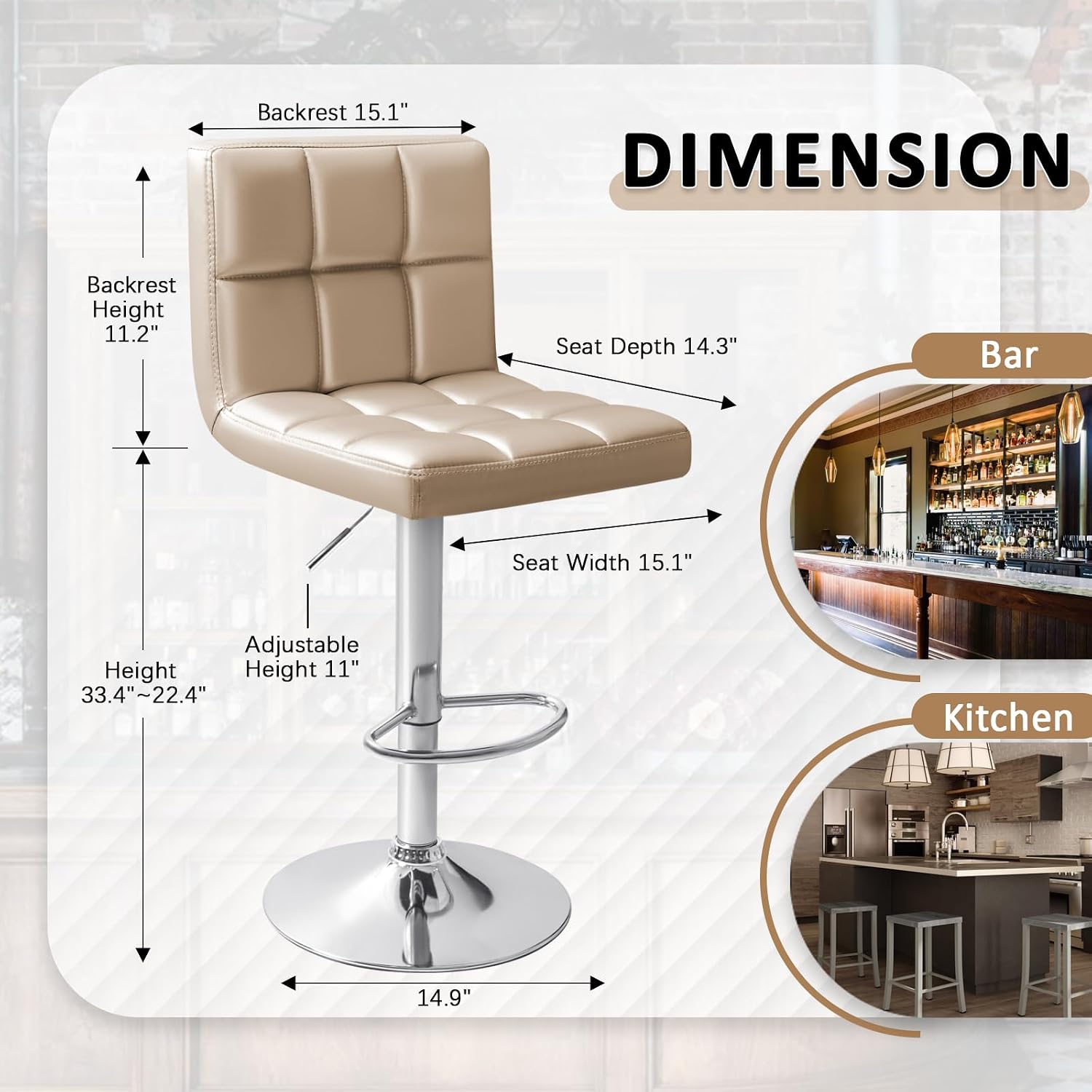 Homall Bar Stools Modern PU Leather Adjustable Swivel Barstools, Armless Hydraulic Kitchen Counter Bar Stool Extra Height Square Island Barstool with Back Set of 2 (Leather, White)