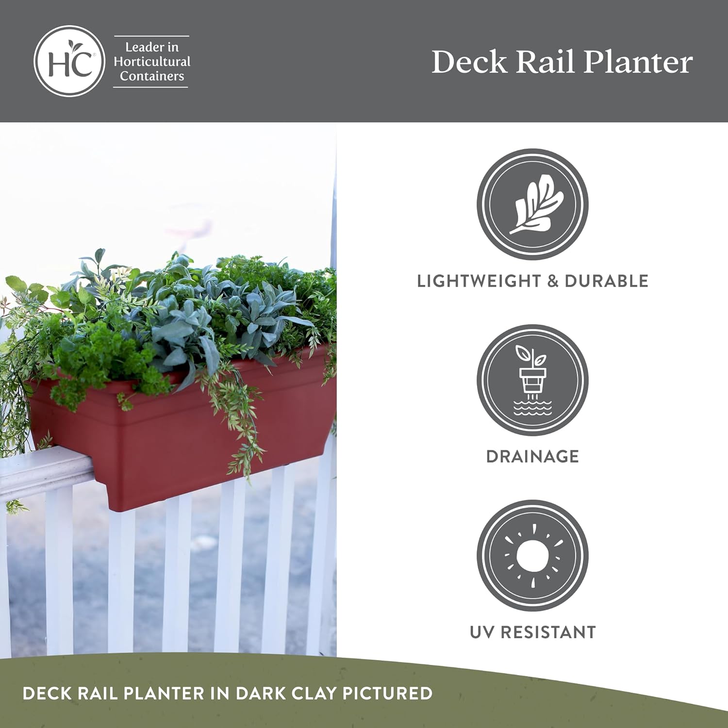 The HC Companies 24 Inch Deck Rail Box Planter Lightweight Outdoor Plastic Plant Pot for Herbs and Flowers, White