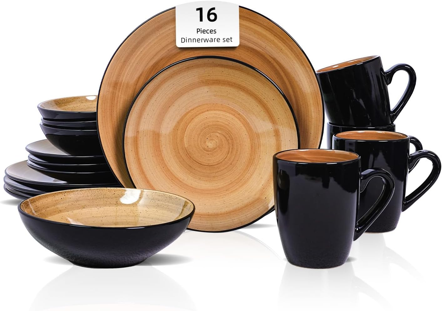 HomeVss, Sonoma Stoneware Dinnerware Set, Outside Black + Inside Hand Painting Color (16pc Set, Grey)