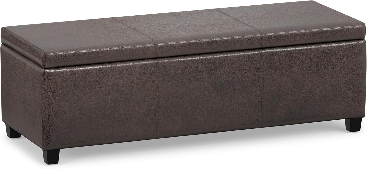 SIMPLIHOME Avalon 48" Wide Vegan Leather Storage Ottoman in Brown