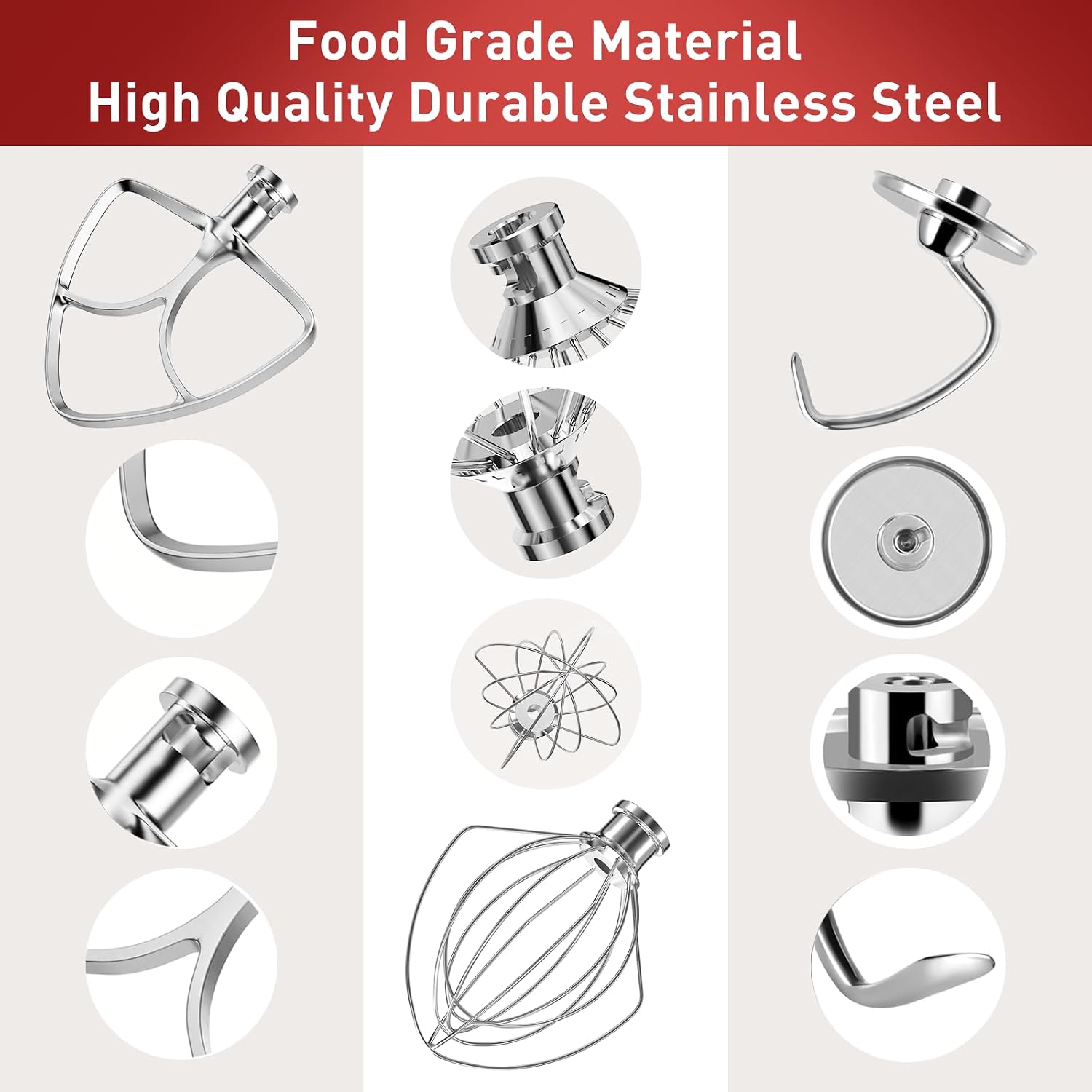 Stainless Steel Stand Mixer Attachments 3-Piece (4.5-5QT Flat Beater, 4.5-5QT Dough Hook, K45WW 6-Wire Whip Attachment) for KitchenAid Tilt-Head Stand Mixer and 4.5-5 Quart Bowl, Dishwasher Safe