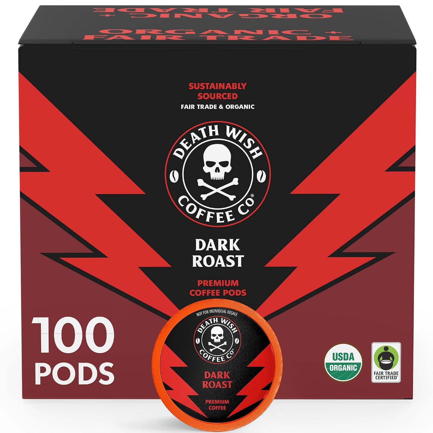 Death Wish Coffee Dark Roast Single Serve Coffee Pods, Organic, 50 Count | Fair Trade Arabica & Robusta, Baker's Chocolate & Cherry Notes, Low Acidity, Heavy Smooth Body, Bold & Intense