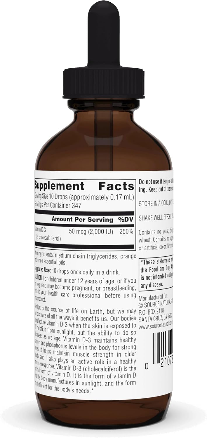 Source Naturals Vitamin D-3 Liquid Drops 2000 iu Supports Bone & Immune Health - 4 Fluid oz | Bioactive Form For Bone And Immune Health*