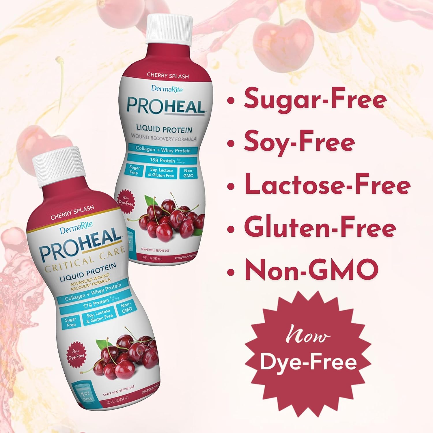 DermaRite ProHeal Protein Supplement, Cherry Splash Flavor, 30 oz, 1 ct | Liquid Protein Wound Recovery Formula, 15g of Collagen and Whey Protein