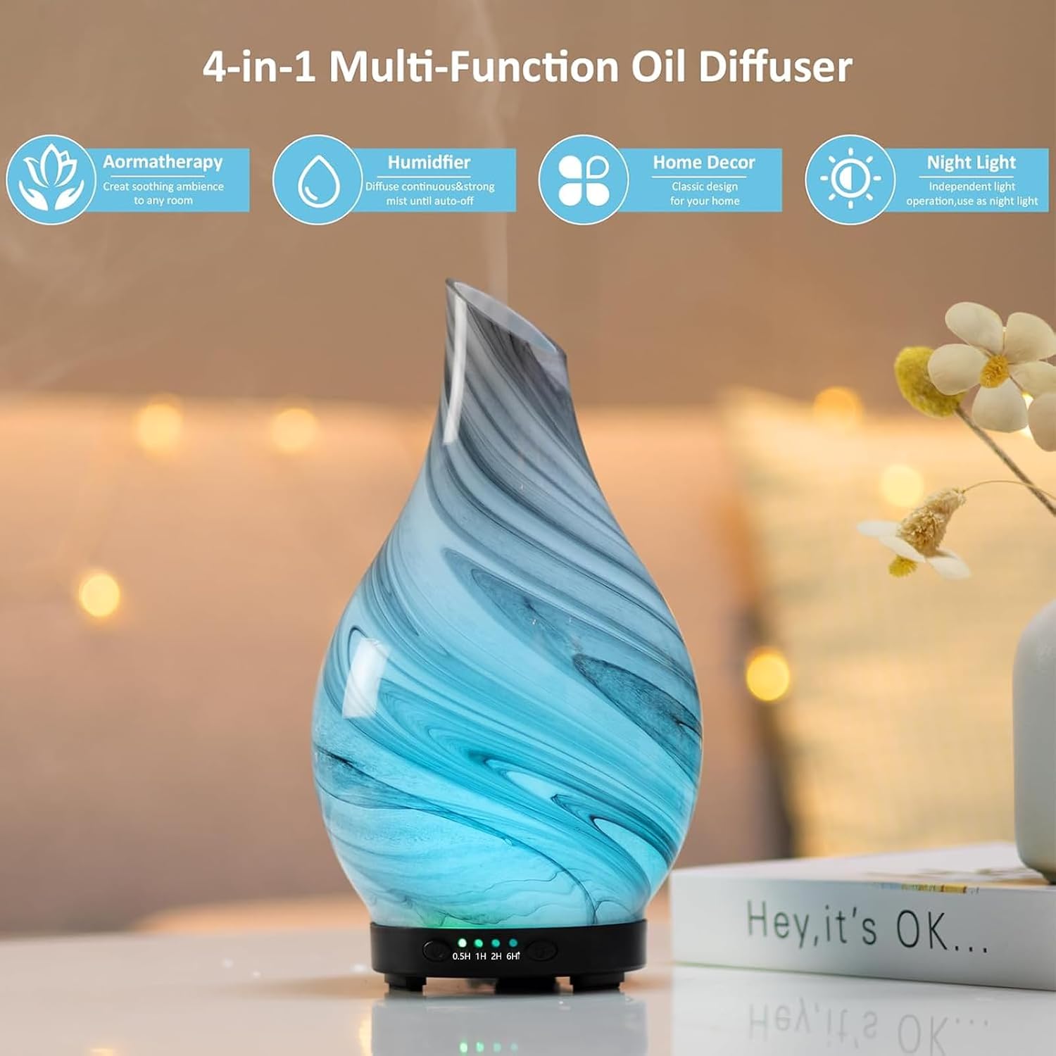 Aromatherapy Essential Oil Diffuser for Home- Art Glass Diffuser for Essential Oils with Waterless Auto Shut-Off 4 Timer 7 Colors LED Night Light