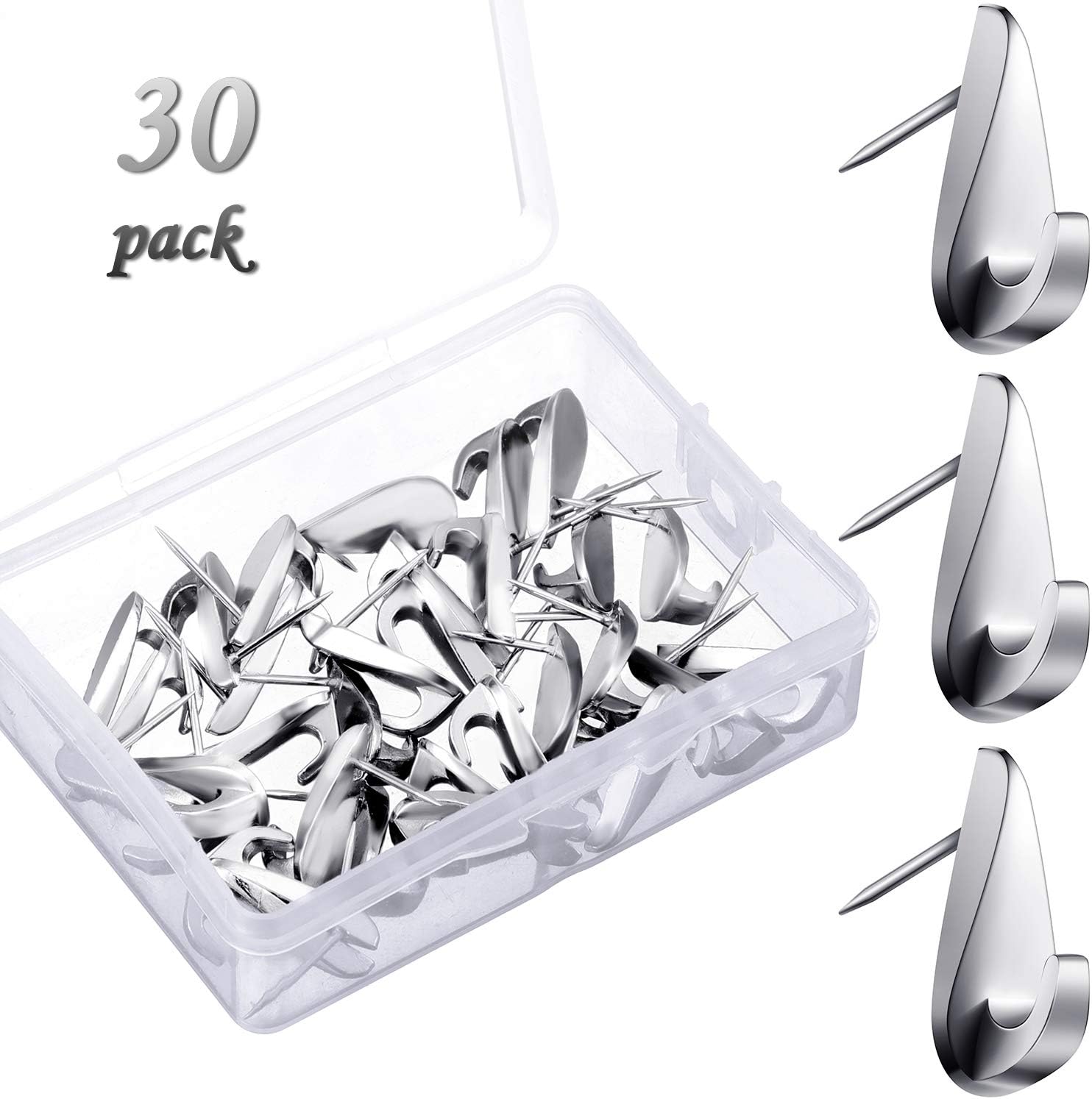 30 Pcs 20 Lbs Pin Hooks Push Pin Hangers Teardrop Style Picture Hooks Metal Picture Hanging Nails for Home Office Wooden Fabric Wall(Silver)