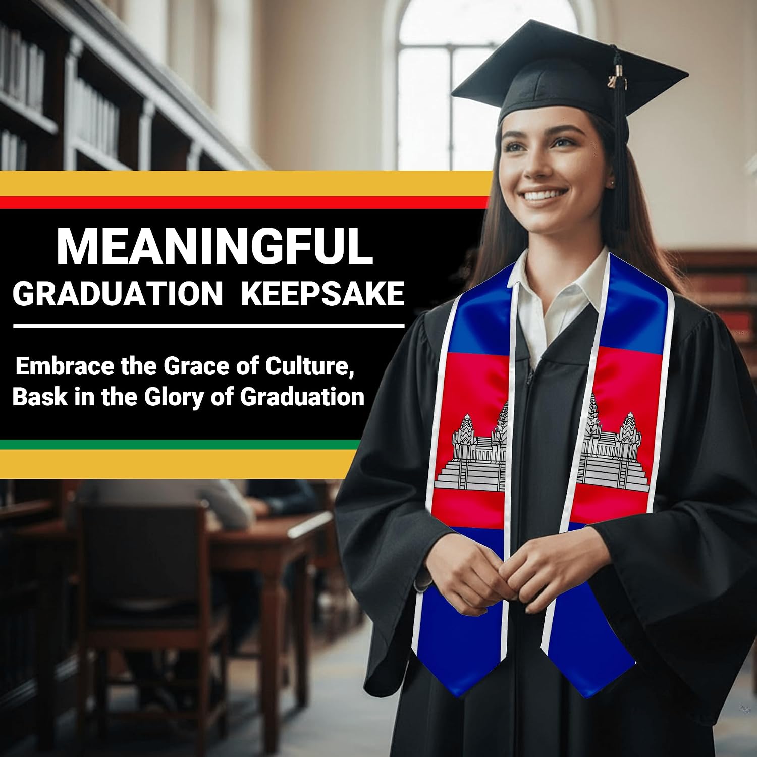 YOXEULL National Flag Embroidered Graduation Stole with Trim, Graduation Sash Graduates Gift, 72"
