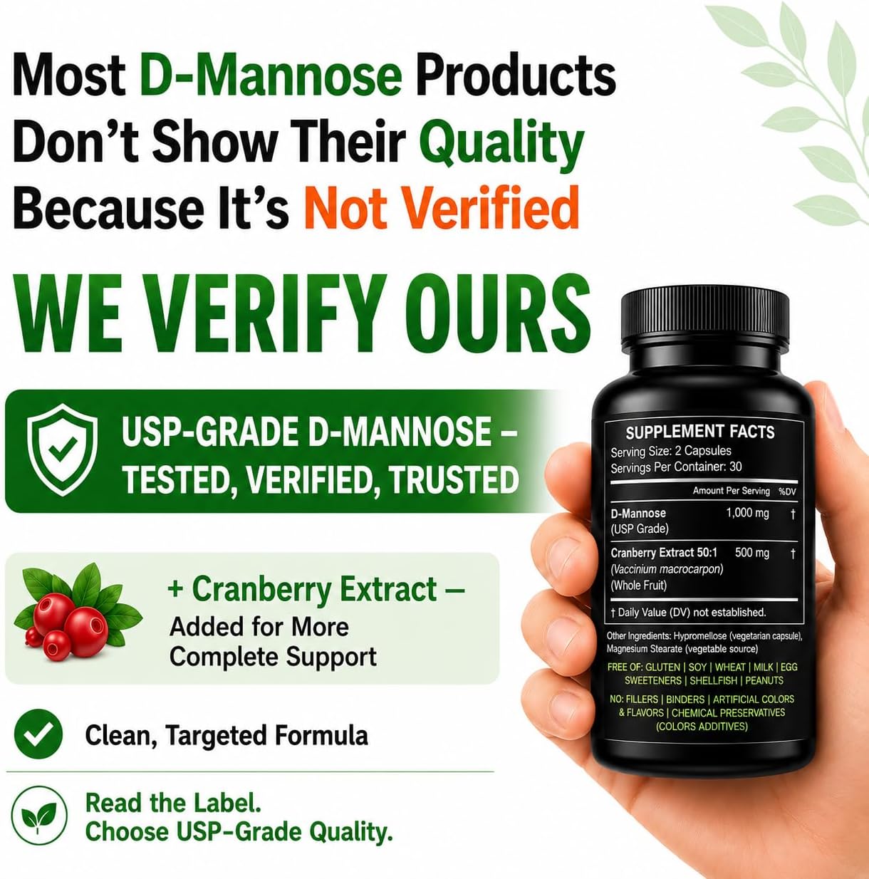 HCL HERBAL CODE LABS D-Mannose with Cranberry Extract Capsules 1500mg – High Potency USP Grade D-Mannose Supplement with Whole Fruit Cranberry