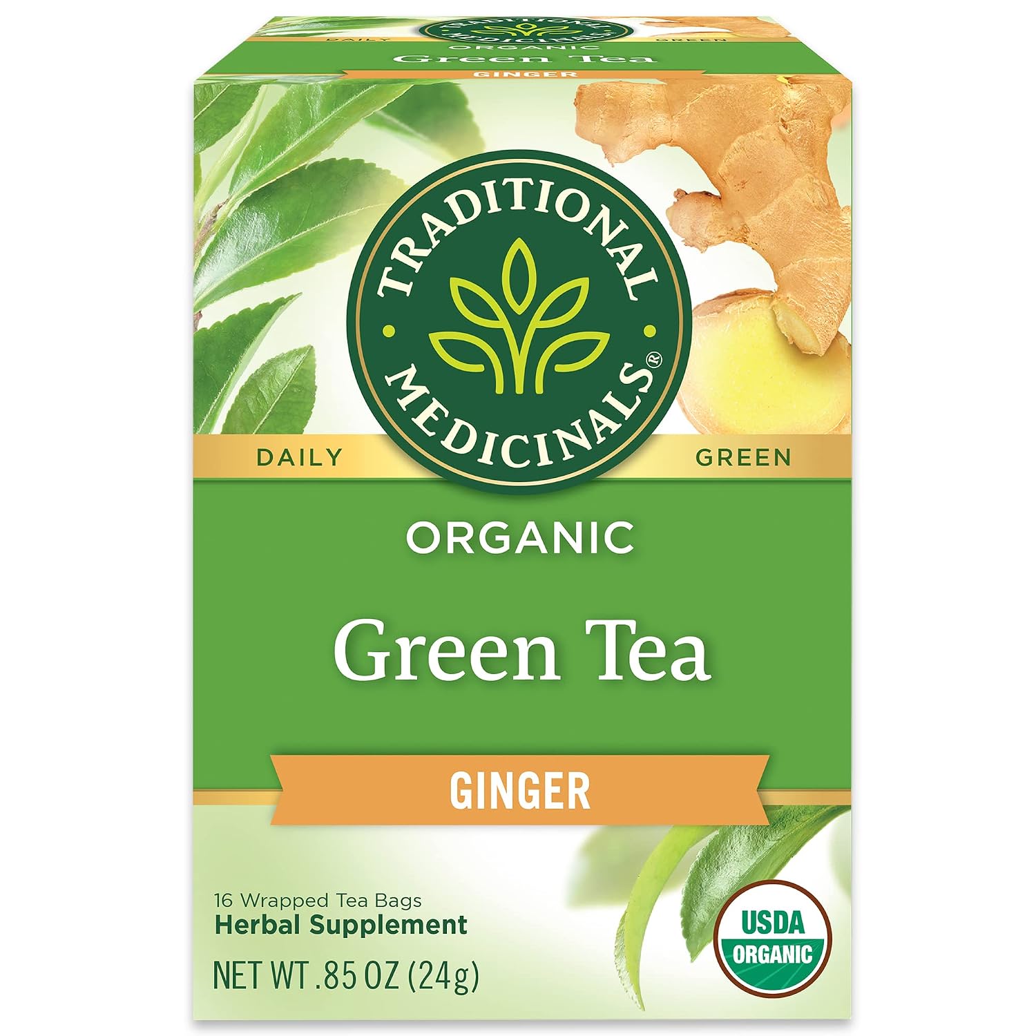 Traditional Medicinals Organic Green Tea Ginger, 16 Tea Bags | Promotes Healthy Digestion, Occasional Nausea & Indigestion Relief, Kosher, Non-GMO