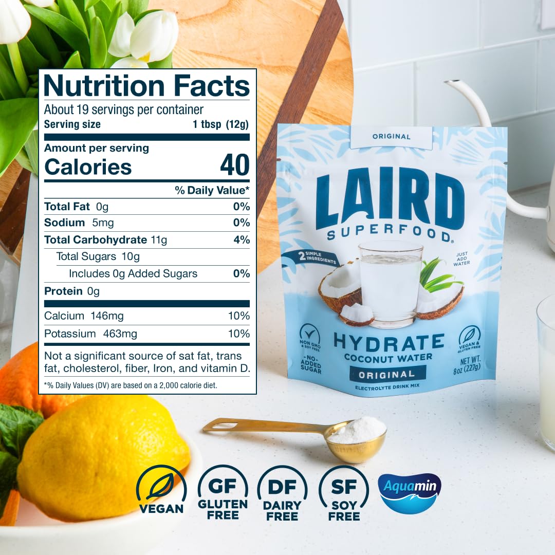 Laird Superfood HYDRATE Coconut Water Powder Drink Supplement with Coconut Water and Auqamin, All Natural, No Added Sugars, Gluten-Free, Non-GMO, Vegan, 8 oz. Bag, Pack of 1