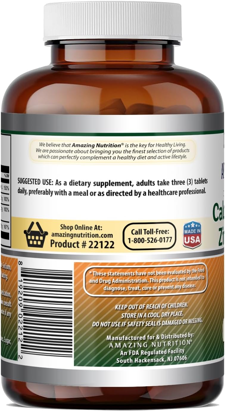 Amazing Formulas Calcium Magnesium Zinc D3-300 Tablets Per Bottle Supplement (Calcium 1000mg - Magnesium 400mg - Zinc 25mg Plus Vitamin D3 600 IU - Per Serving of 3 Tablets)