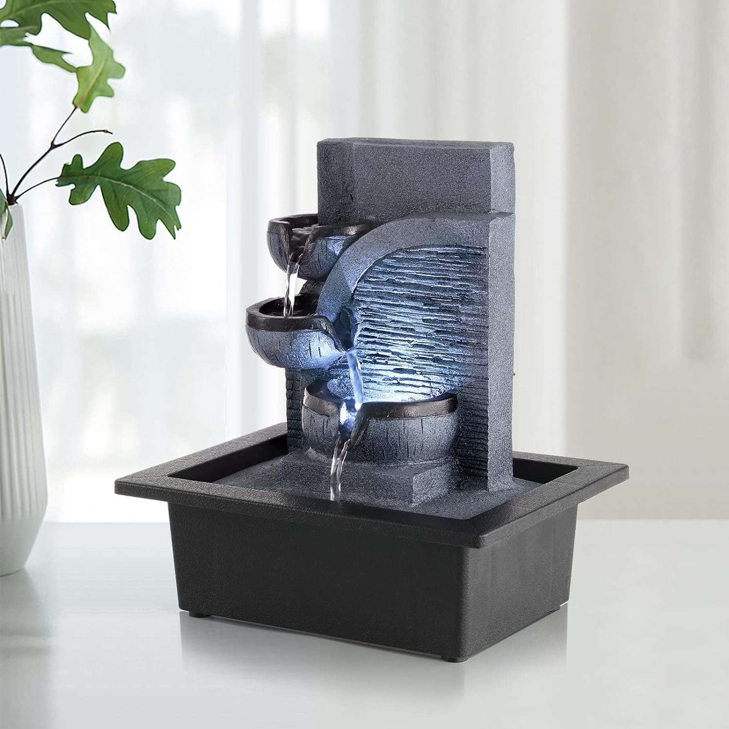 WICHEMI Indoor Water Fountain Tabletop Fountain Stacked Rock with LED Light | Relaxing Water Feature, Meditation Fountain, Soothing Sound, Stress Relief, For Home Office Bedroom Decor, 7.8"x7.8"x7.9"