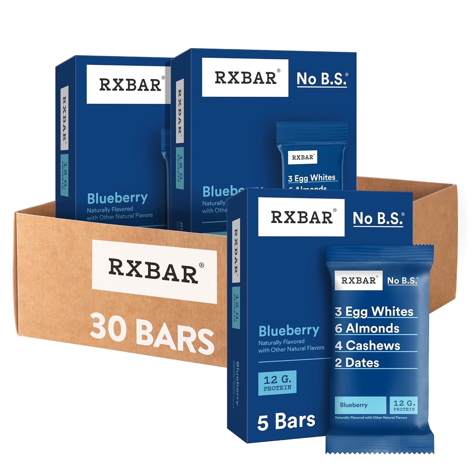 RXBAR Protein Bars, 12g Protein, Gluten Free Snacks, Blueberry, 22oz Box (12 Bars)