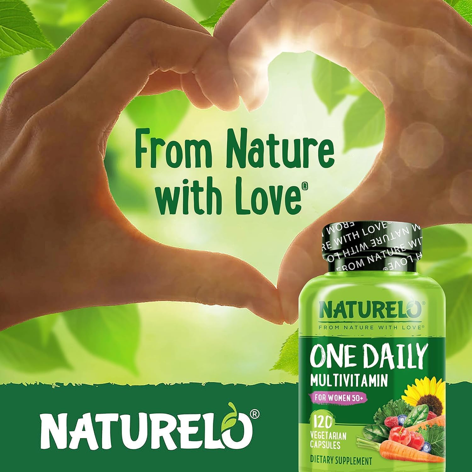 NATURELO One Daily Multivitamin for Women 50+ (Iron Free) - Menopause Support for Women Over 50 - Whole Food Supplement - Non-GMO - No Soy - 60 Capsules - 2 Month Supply | Energy Support, Whole Food Daily Women Multivitamin Supplement, Nourish Hair/Skin/…