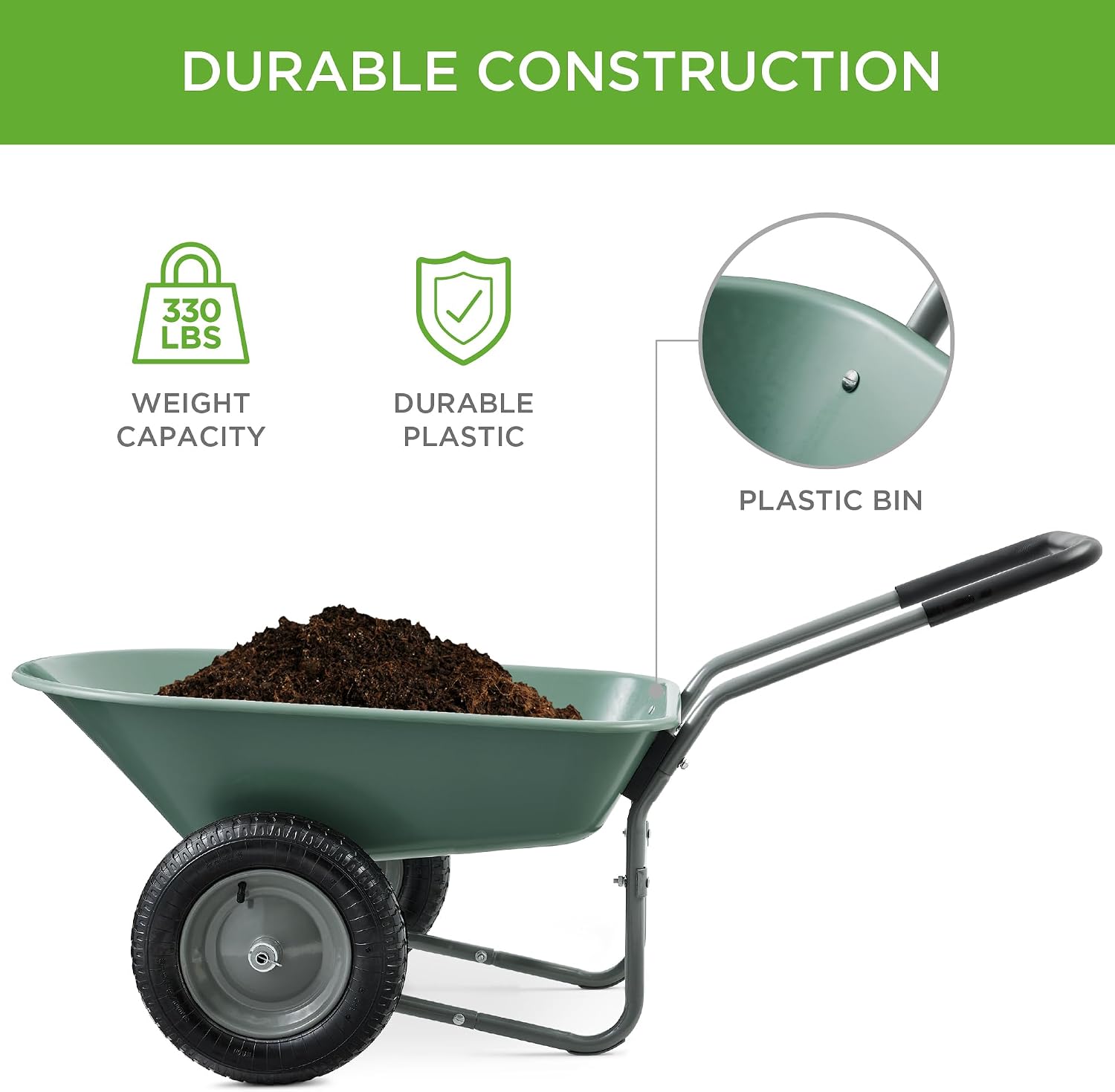 Best Choice Products Dual-Wheel Home Utility Yard Wheelbarrow Garden Cart w/Built-in Stand for Lawn, Gardening, Construction - Green