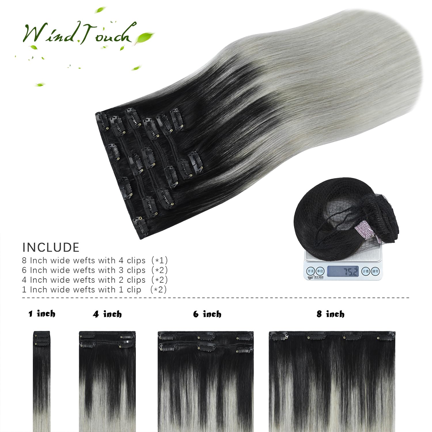WindTouch Clip In Hair Extensions Human Hair Mixed Bleach Blonde 18Inch 75g Hair Extensions for Women Remy Blonde Extensions Clip in #18p613 7PCS