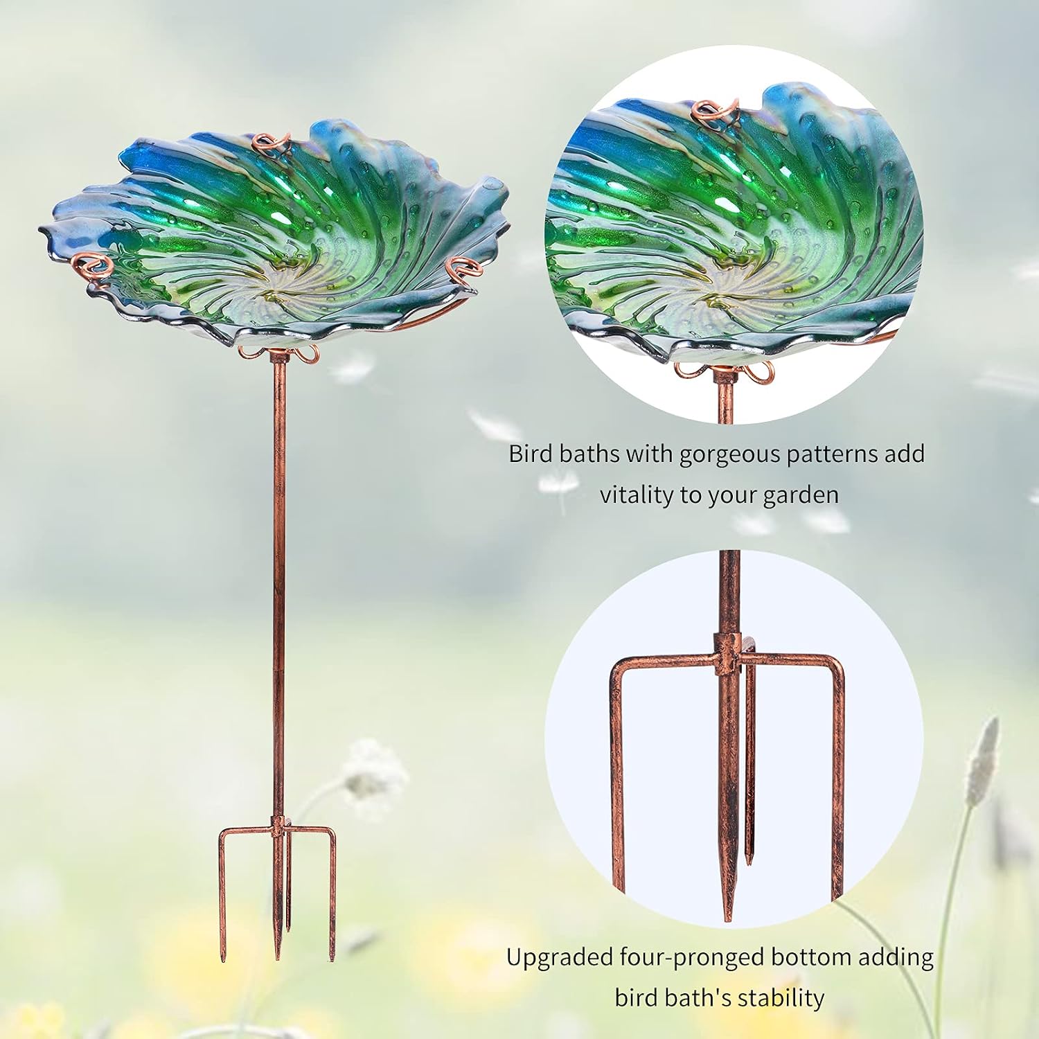 26" Glass Bird Bath, Outdoor Birdbath Bird Feeder Green Flower Metal Stake